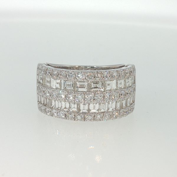 White 14K Gold 5 Row Wide Diamond Band Ring 3.45Ctw Baguette & Round Diamonds Bradley's Jewelers Jacksonville, NC