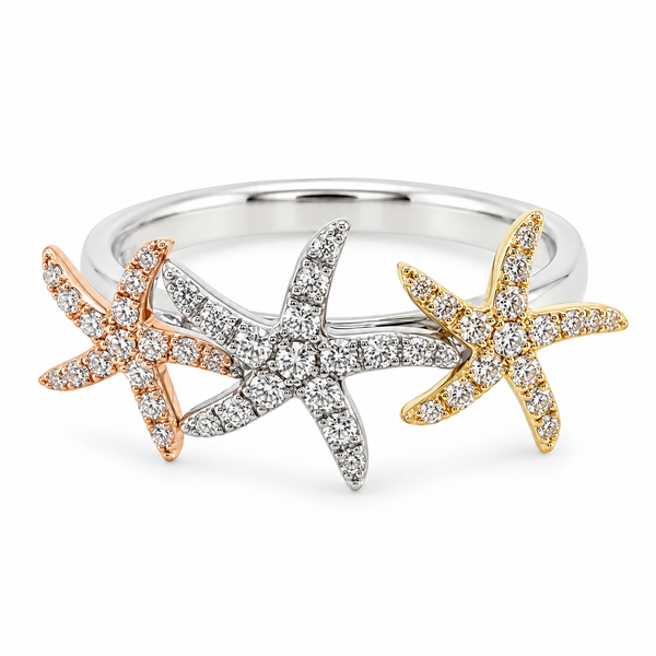 14K Tri-Color Gold Diamond Triple Starfish Ring .41 CTW Bradley's Jewelers Jacksonville, NC