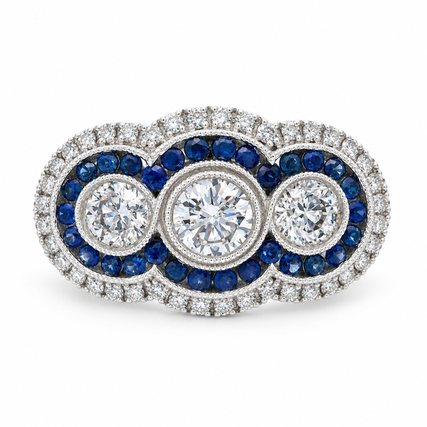 White 14K Gold Vintage Style Diamond & Sapphire Fashion Ring 1.61Ctw Round Stones Bradley's Jewelers Jacksonville, NC