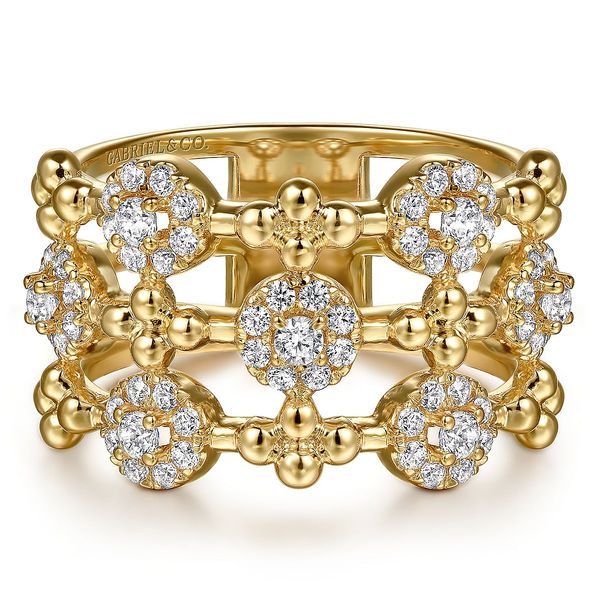Gabriel & Co 14K Yellow Gold .49Ctw Diamond Bujukan Collection Wide Band Cluster Ring Bradley's Jewelers Jacksonville, NC