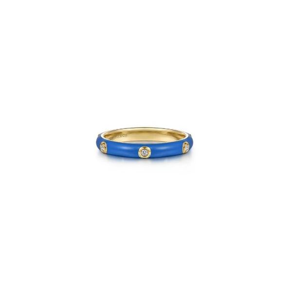 Gabriel & Co 14K Yellow Gold Bezel-Set Diamond Stackable Ring with Celeste Blue Enamel – Contemporary Collection Bradley's Jewelers Jacksonville, NC