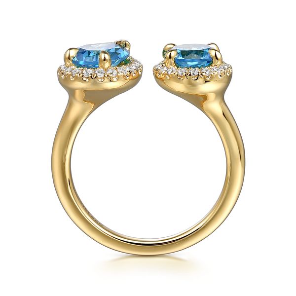 Gabriel & Co 14K Yellow Gold Diamond & Blue Topaz Open Ring .26/.40 CTW Color Collection Image 2 Bradley's Jewelers Jacksonville, NC