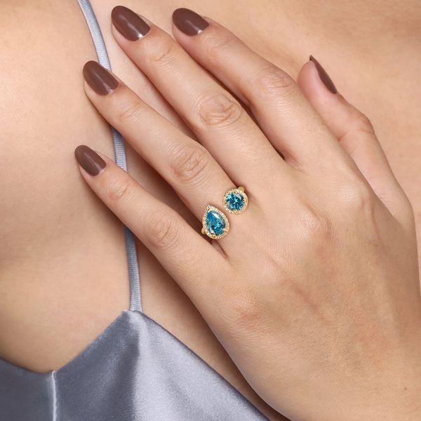 Gabriel & Co 14K Yellow Gold Diamond & Blue Topaz Open Ring .26/.40 CTW Color Collection Image 5 Bradley's Jewelers Jacksonville, NC