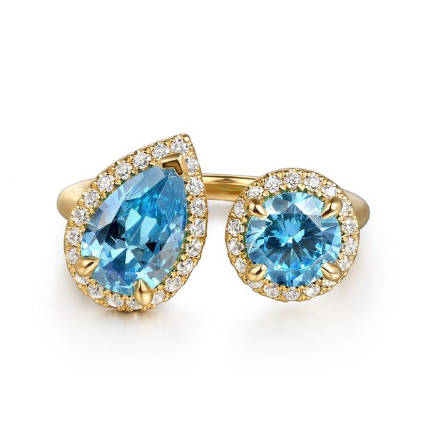 Gabriel & Co 14K Yellow Gold Diamond & Blue Topaz Open Ring .26/.40 CTW Color Collection Bradley's Jewelers Jacksonville, NC