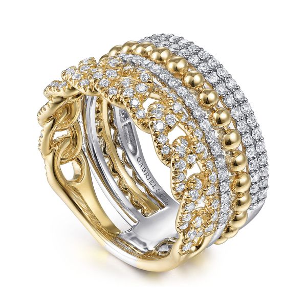Gabriel & Co 14K Yellow & White Gold Diamond Wide Layered Stackable Ring 1.05 CTW Bujukan Collection Image 2 Bradley's Jewelers Jacksonville, NC