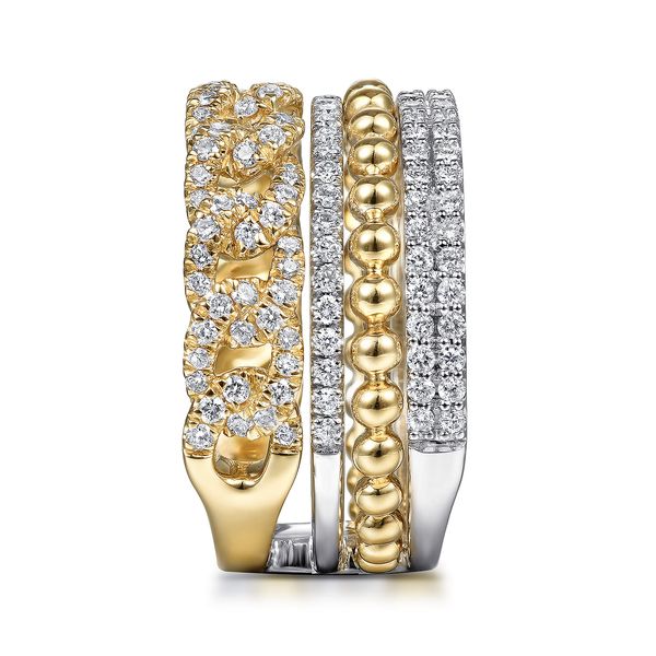 Gabriel & Co 14K Yellow & White Gold Diamond Wide Layered Stackable Ring 1.05 CTW Bujukan Collection Image 3 Bradley's Jewelers Jacksonville, NC
