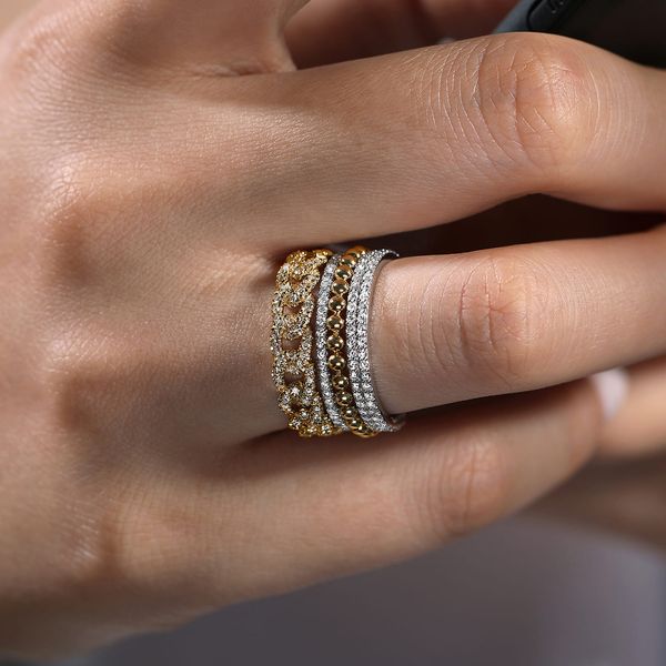 Gabriel & Co 14K Yellow & White Gold Diamond Wide Layered Stackable Ring 1.05 CTW Bujukan Collection Image 4 Bradley's Jewelers Jacksonville, NC