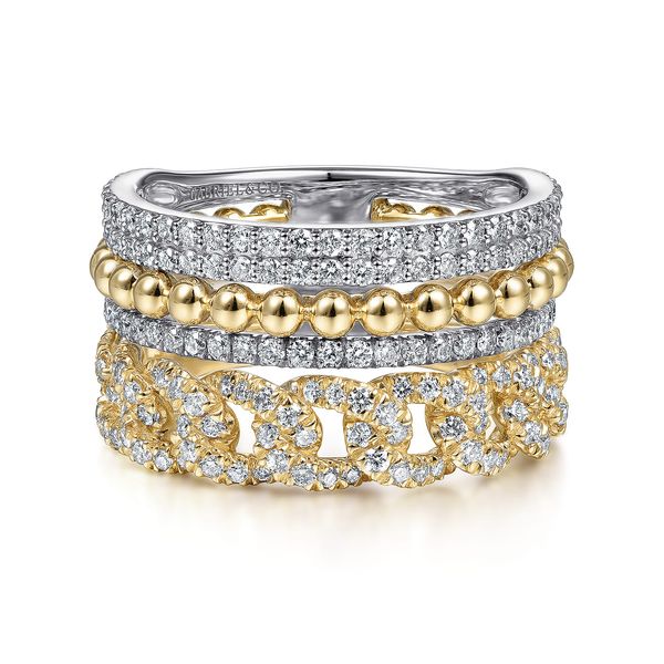 Gabriel & Co 14K Yellow & White Gold Diamond Wide Layered Stackable Ring 1.05 CTW Bujukan Collection Bradley's Jewelers Jacksonville, NC