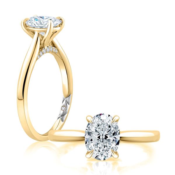 A. Jaffe 14K Yellow Gold Cathedral Semi-Mount Ring | 0.08 CTW Diamonds with 2.50 CT Oval CZ Center Bradley's Jewelers Jacksonville, NC