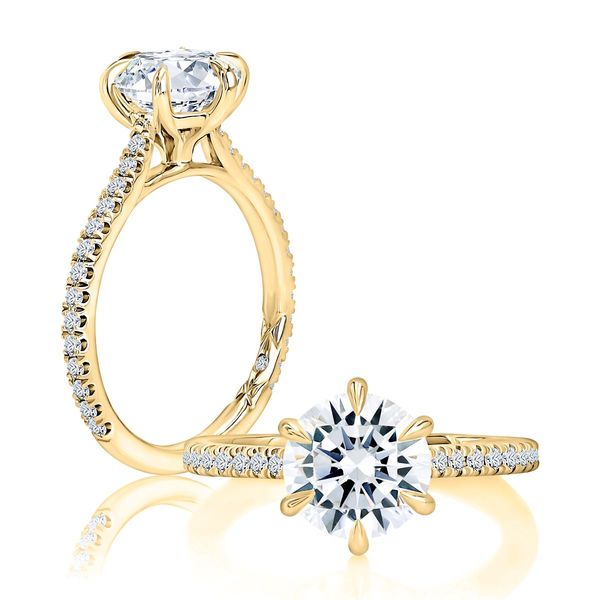 A. Jaffe 14K Yellow Gold 6-Prong Semi-Mount Ring | 0.29 CTW Diamonds, 2.50 CT Round CZ Center Bradley's Jewelers Jacksonville, NC