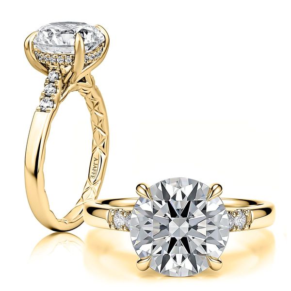 A. Jaffe 14K Yellow Gold Cathedral Semi-Mount Ring 0.19 CTW with 3 Carat Round Head Bradley's Jewelers Jacksonville, NC