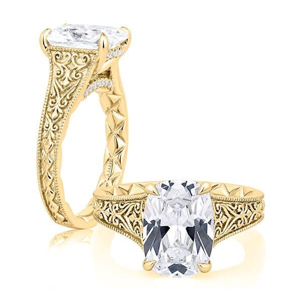 A. Jaffe 14K Yellow Gold Etched Scrollwork Hidden Halo Elongated Cushion Ring 0.11 CTW Bradley's Jewelers Jacksonville, NC