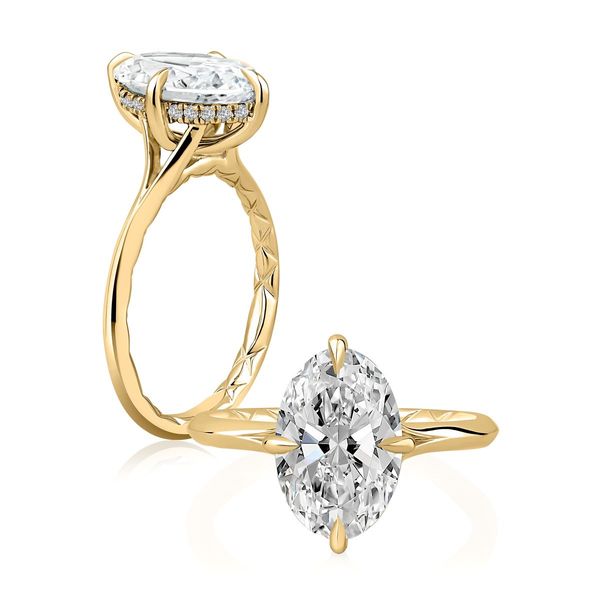 A. Jaffe 14K Yellow Gold Hidden Halo Oval Solitaire Ring 0.10 CTW with 3 Carat Head Bradley's Jewelers Jacksonville, NC