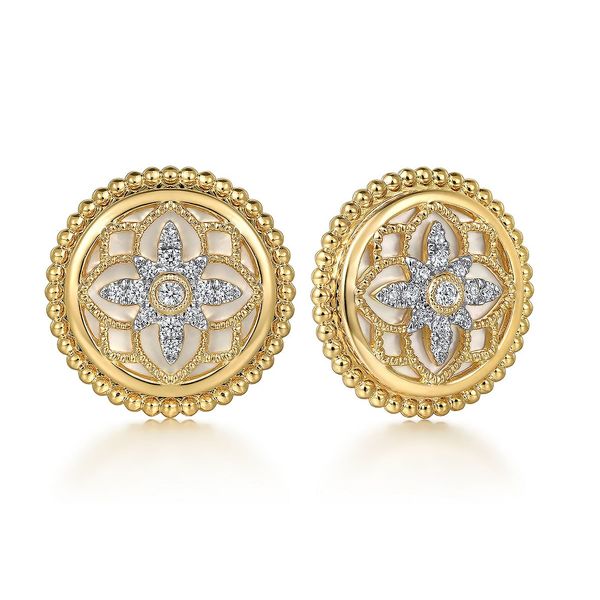 Gabriel & Co 14K Yellow Gold Mother of Pearl & .15 CTW Diamond Bujukan Stud Earrings Bradley's Jewelers Jacksonville, NC