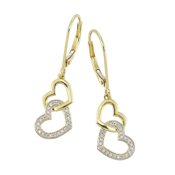 10K Yellow Gold Double Heart Earrings with .125 CTW Round Diamonds Bradley's Jewelers Jacksonville, NC