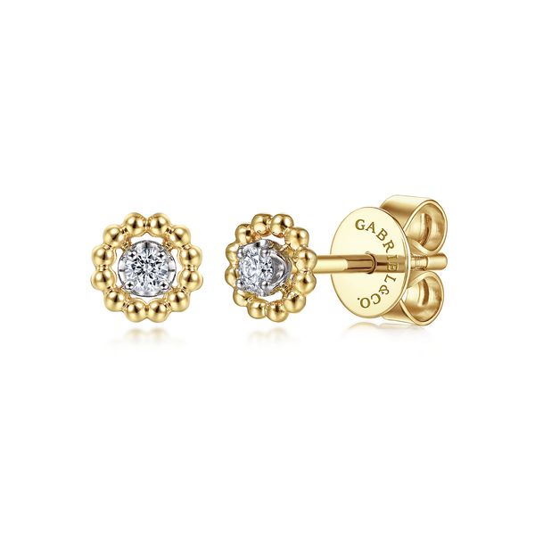 Gabriel & Co 14K Yellow & White Gold Diamond .06Ctw Round Stud Earrings – Bujukan Collection Bradley's Jewelers Jacksonville, NC