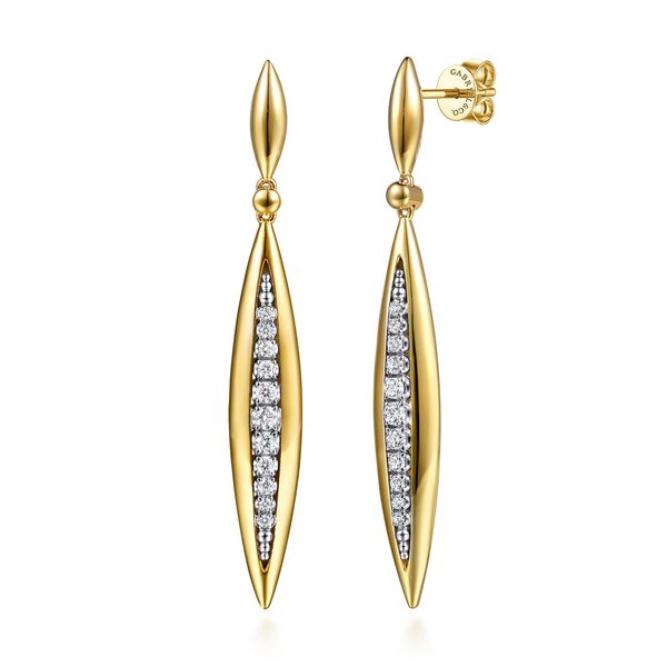 Gabriel & Co 14K Yellow & White Gold Diamond .49Ctw Bullet Stud Drop Earrings – Contemporary Collection Bradley's Jewelers Jacksonville, NC