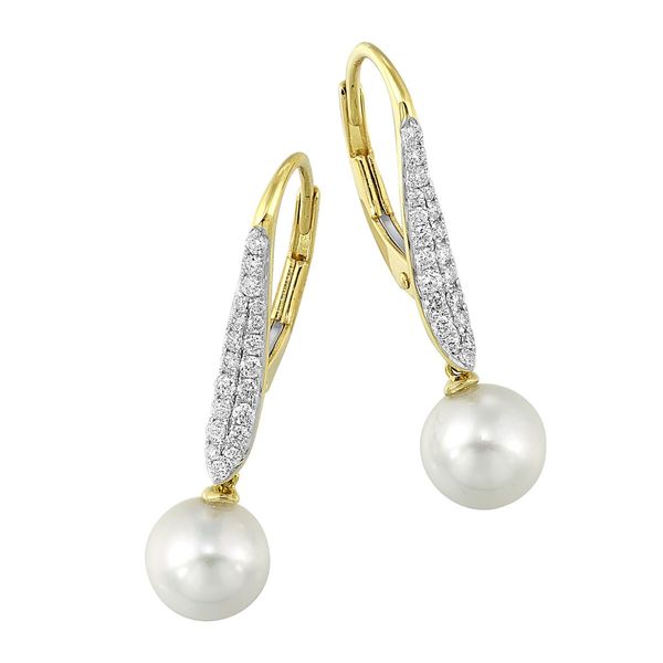 14K Yellow Gold Diamond & Pearl Earrings 0.25 CTW Round Diamonds Bradley's Jewelers Jacksonville, NC
