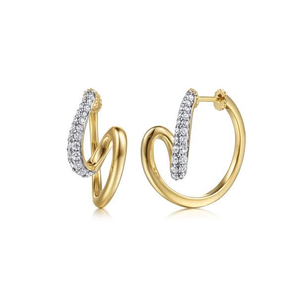 Gabriel & Co Two-Tone Intricate Diamond Hoop Earrings Bradley's Jewelers Jacksonville, NC
