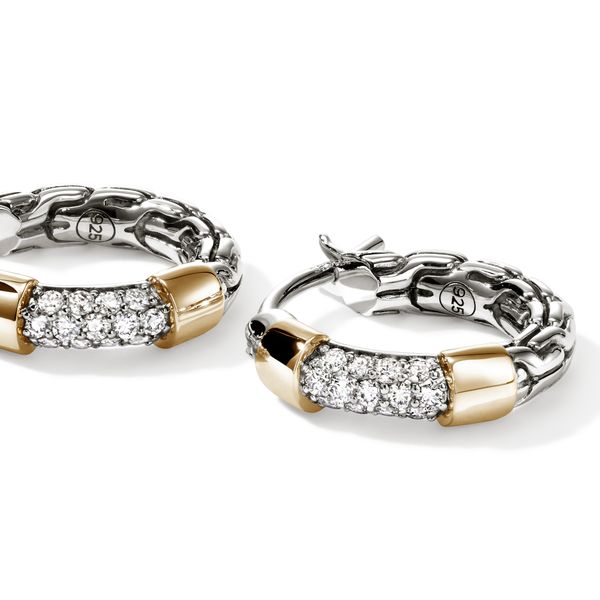 John Hardy 14K Gold & Silver Diamond Pave Hoop Earrings .20CTW Image 3 Bradley's Jewelers Jacksonville, NC