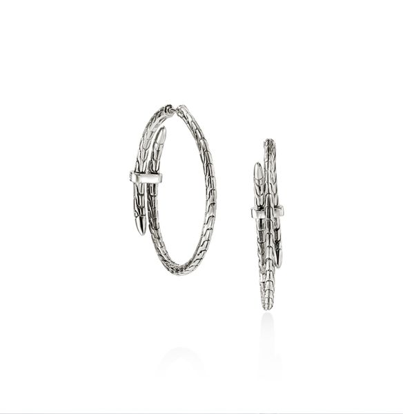 John Hardy Sterling Silver Diamond Spear Hoop Earrings 34mm .12CTW Image 3 Bradley's Jewelers Jacksonville, NC