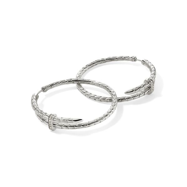 John Hardy Sterling Silver Diamond Spear Hoop Earrings 34mm .12CTW Bradley's Jewelers Jacksonville, NC