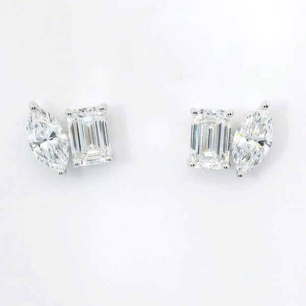 14K White Gold Moi et Toi Emerald & Marquise Lab Grown Diamond Earrings 2.15ctw Bradley's Jewelers Jacksonville, NC