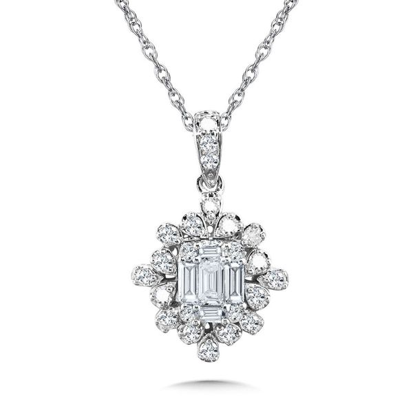 14K White Gold Baguette Cluster Diamond Halo Pendant 1/4 CTW Bradley's Jewelers Jacksonville, NC