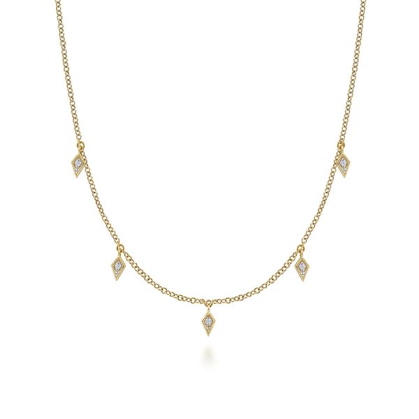 Gabriel & Co 14K Yellow Gold .05Ctw Diamond Kite Drop Station Necklace Bradley's Jewelers Jacksonville, NC