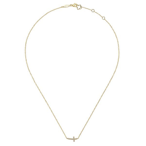 Gabriel & Co 14K Yellow Gold Sideways Curved Diamond Cross Necklace – Lusso Collection Image 2 Bradley's Jewelers Jacksonville, NC