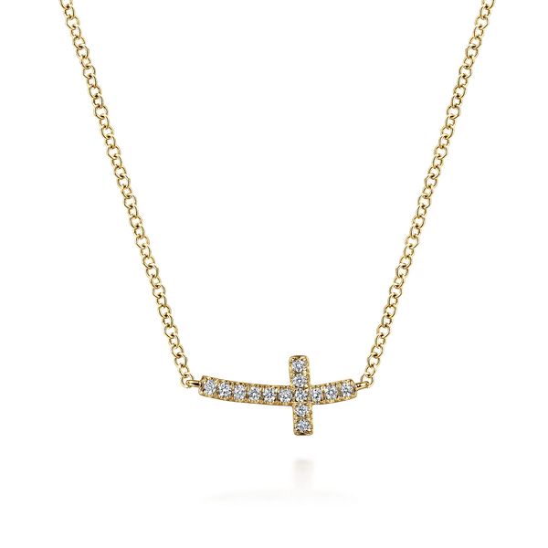 Gabriel & Co 14K Yellow Gold Sideways Curved Diamond Cross Necklace – Lusso Collection Bradley's Jewelers Jacksonville, NC