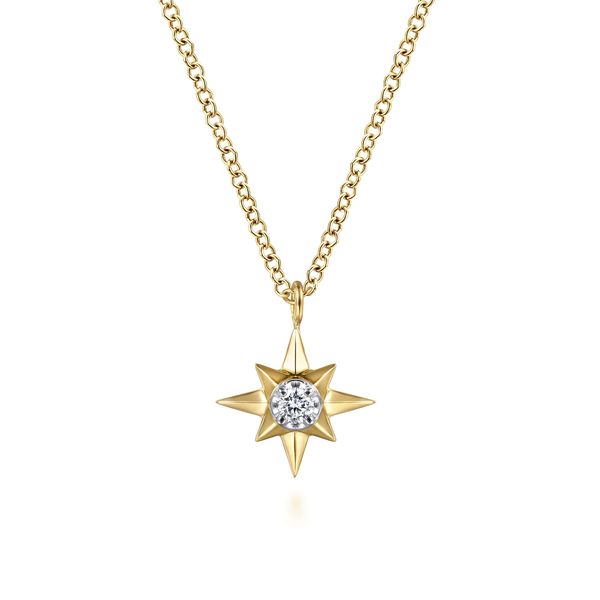 Gabriel & Co 14K Yellow Gold Diamond Starburst Pendant Necklace (0.04 CTW) | Contemporary Collection Bradley's Jewelers Jacksonville, NC