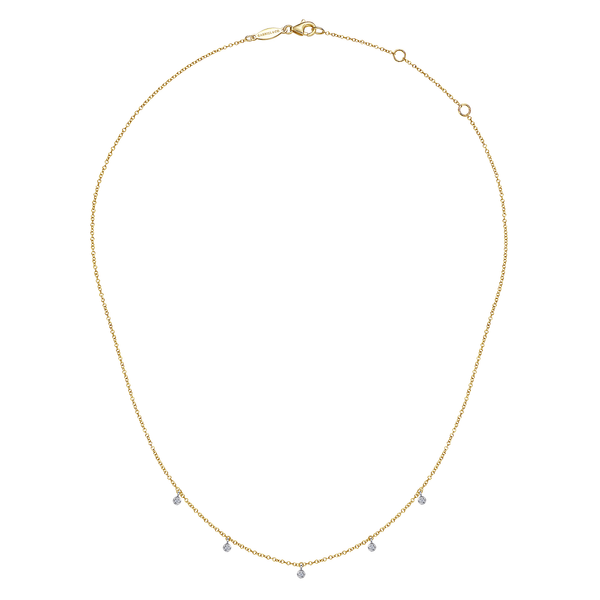 Gabriel & Co 14K Yellow & White Gold Diamond Stations Droplet Necklace (0.05 CTW) | Contemporary Collection Image 2 Bradley's Jewelers Jacksonville, NC