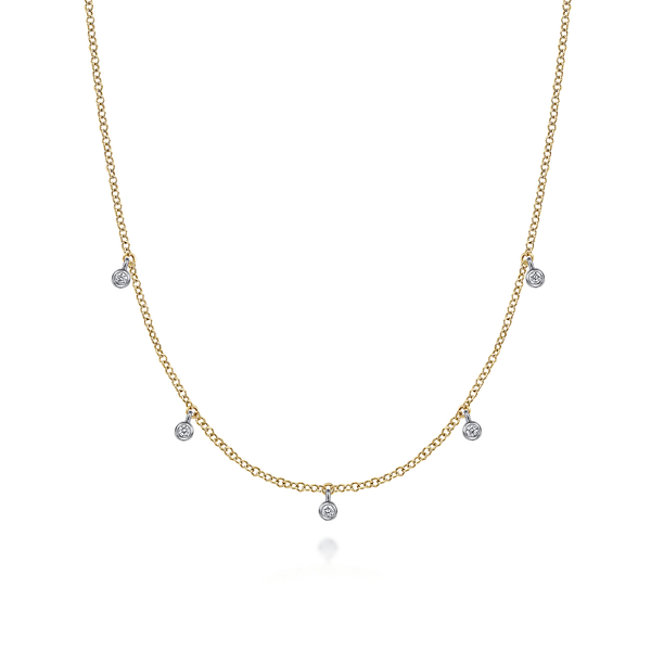 Gabriel & Co 14K Yellow & White Gold Diamond Stations Droplet Necklace (0.05 CTW) | Contemporary Collection Bradley's Jewelers Jacksonville, NC