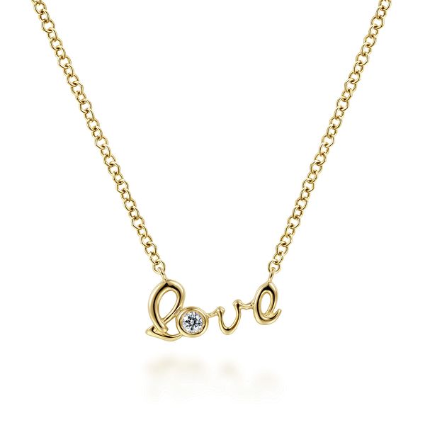 Gabriel & Co 14K Yellow Gold Diamond Love Pendant Necklace (0.03 CTW) | Contemporary Collection Bradley's Jewelers Jacksonville, NC