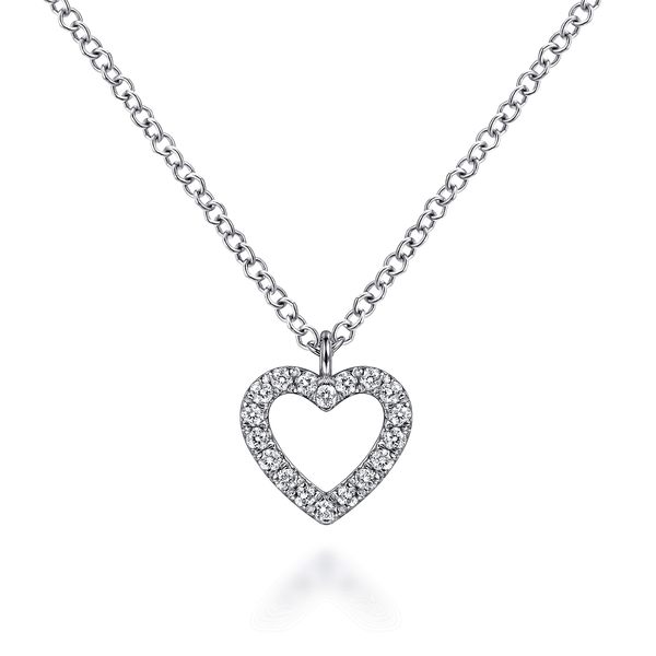 Gabriel & Co 14K White Gold Open Heart Diamond Pendant Necklace (0.09 CTW) | Lusso Collection Bradley's Jewelers Jacksonville, NC