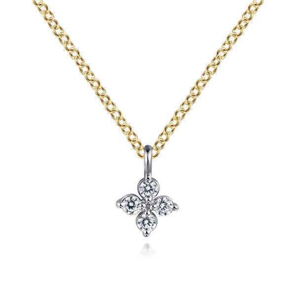 Gabriel & Co 14K White & Yellow Gold Diamond Flower Pendant Necklace (0.09 CTW) | Lusso Collection Bradley's Jewelers Jacksonville, NC