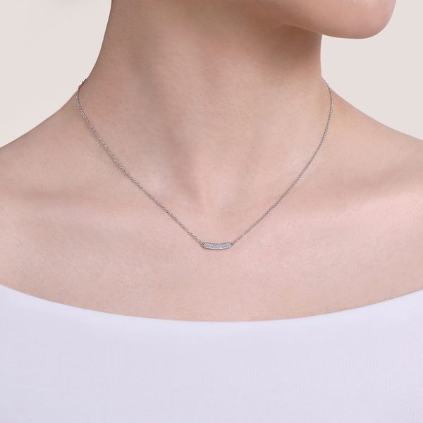 Gabriel & Co 14K White Gold Diamond Curved Bar Pendant Necklace (0.11 CTW) Image 3 Bradley's Jewelers Jacksonville, NC