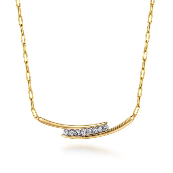 Gabriel & Co 14K Yellow Gold Diamond Bar Necklace with Hollow Paperclip Chain – 0.34 Ctw Contemporary Collection Bradley's Jewelers Jacksonville, NC