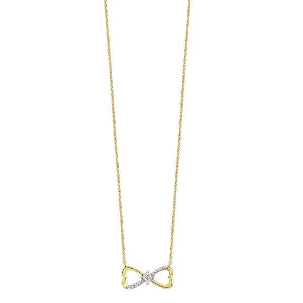 Ladies 10K Yellow Gold Diamond Double Heart Bow Pendant .05CTW Bradley's Jewelers Jacksonville, NC