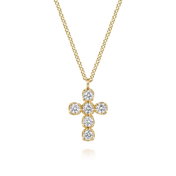 Gabriel & Co. Contemporary 14K Yellow Gold Diamond Cross Pendant Necklace with 0.34 CTW Diamonds Bradley's Jewelers Jacksonville, NC