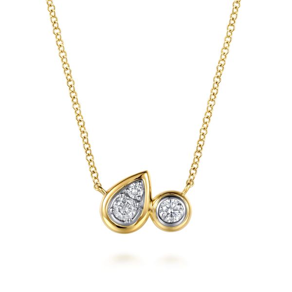 Gabriel & Co. Contemporary 14K Yellow Gold Pear & Round Diamond 0.23 CTW Pendant Necklace Bradley's Jewelers Jacksonville, NC