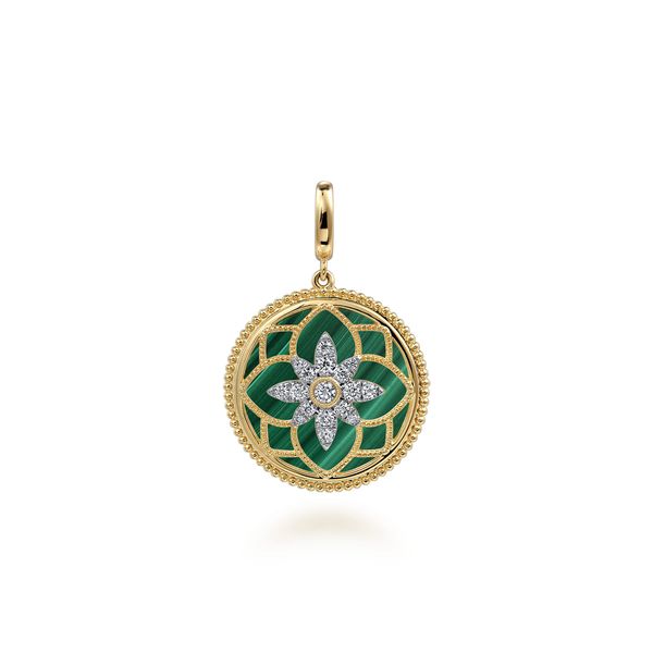 Gabriel & Co. 14K Yellow Gold 24mm Bujukan Diamond & Malachite Medallion Pendant Bradley's Jewelers Jacksonville, NC