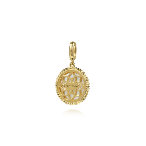Gabriel & Co. 14K Yellow Gold 18mm Bujukan Diamond & Mother of Pearl Medallion Pendant Image 2 Bradley's Jewelers Jacksonville, NC