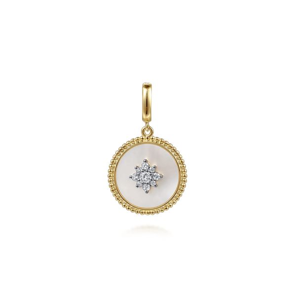 Gabriel & Co. 14K Yellow Gold 18mm Bujukan Diamond & Mother of Pearl Medallion Pendant Bradley's Jewelers Jacksonville, NC