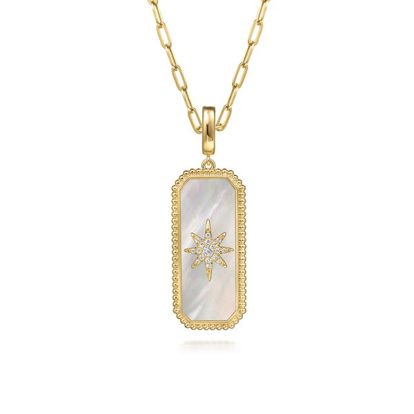 Gabriel & Co. 14K Yellow Gold Bujukan Diamond & White Mother of Pearl Medallion Pendant Image 3 Bradley's Jewelers Jacksonville, NC