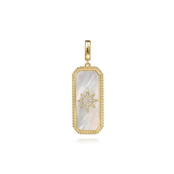 Gabriel & Co. 14K Yellow Gold Bujukan Diamond & White Mother of Pearl Medallion Pendant Bradley's Jewelers Jacksonville, NC