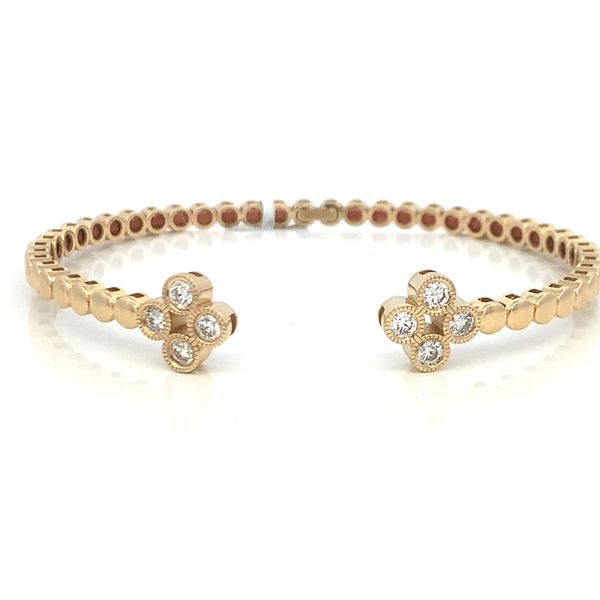 14K Yellow Gold .64 CTW Diamond Flower Tip Beaded Open Bangle Bracelet Bradley's Jewelers Jacksonville, NC