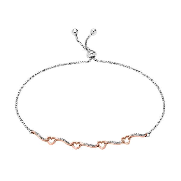 Ladies Sterling Silver Diamond Bolo Bracelet with Rose Hearts 1/8CTW Image 3 Bradley's Jewelers Jacksonville, NC