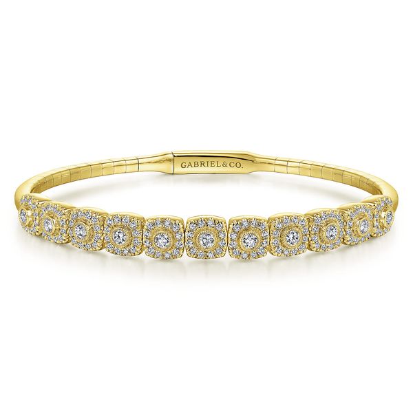 Gabriel & Co Yellow 14K Bujukan Halo Diamond Station Bangle – 1.00 Ctw, Length 6.25 Bradley's Jewelers Jacksonville, NC